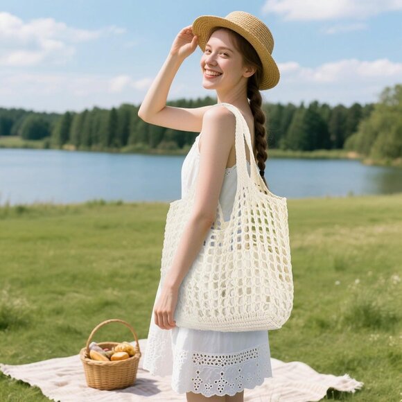 Women's Cream Shoulder Shopping Handbag Casual Travel Totes Fold Able Bags - Picture 5 of 7